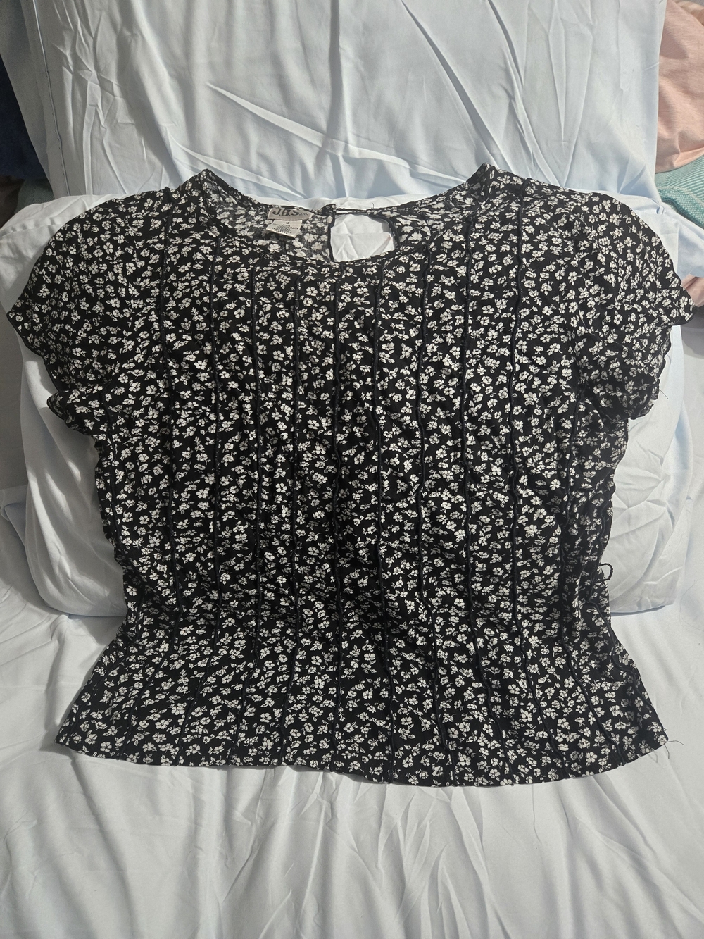 Black Floral Smocked Short Sleeve Top